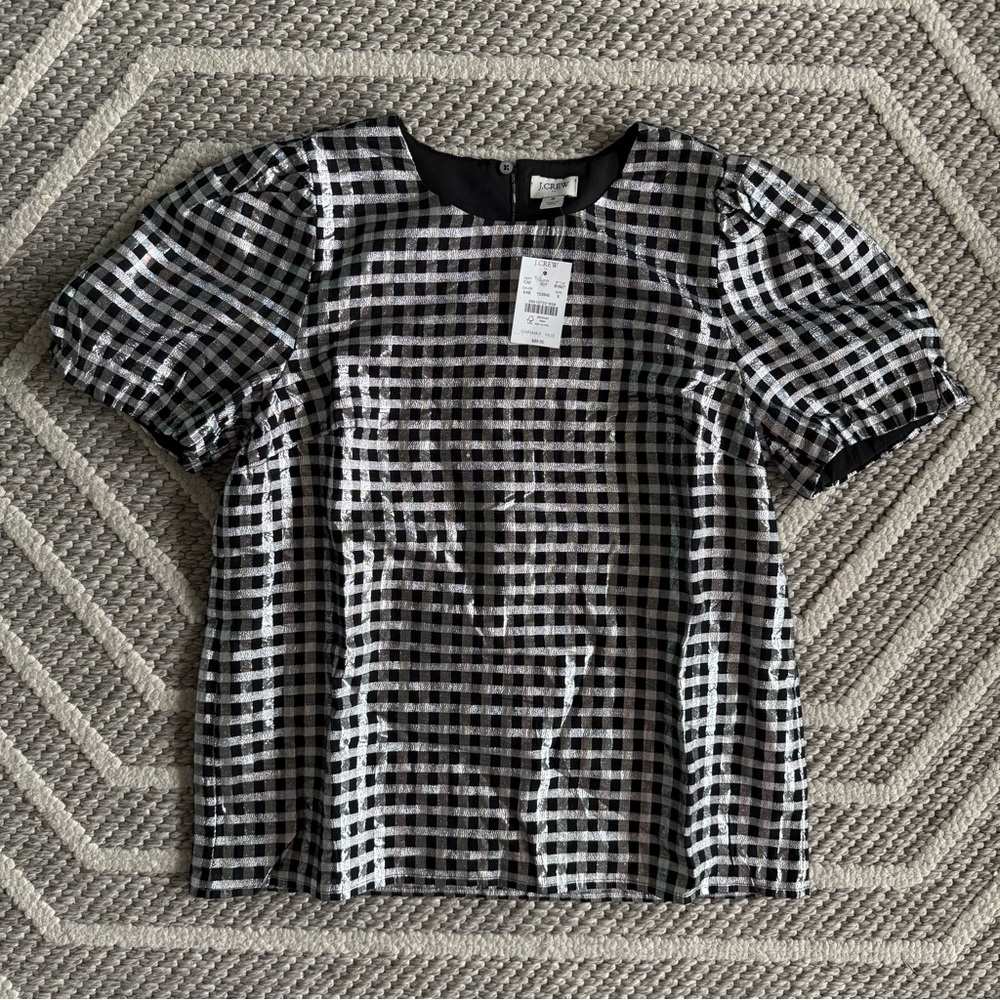 NWT J. Crew Black and Silver Gingham Blouse Size S